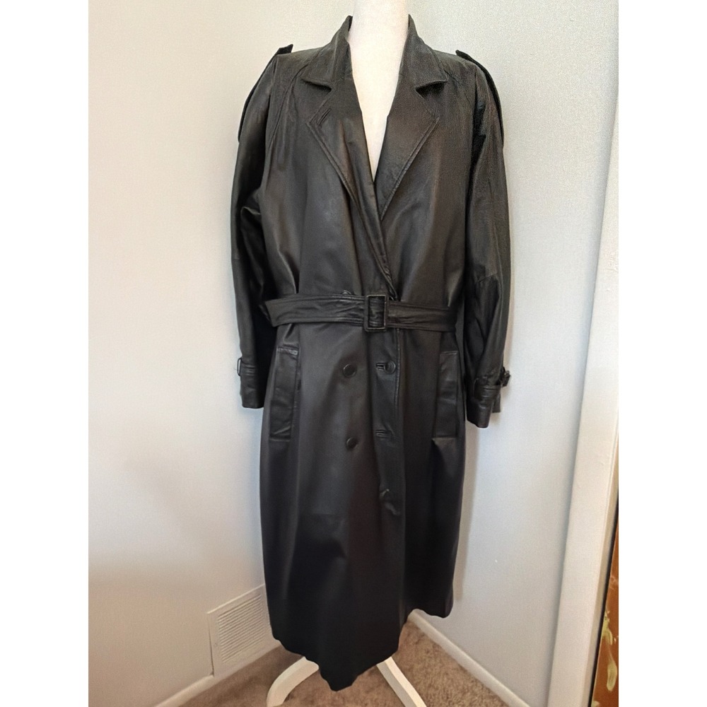 Vintage Deerskin Trading Post Black Leather Trench Coat Duster Matrix Goth XL